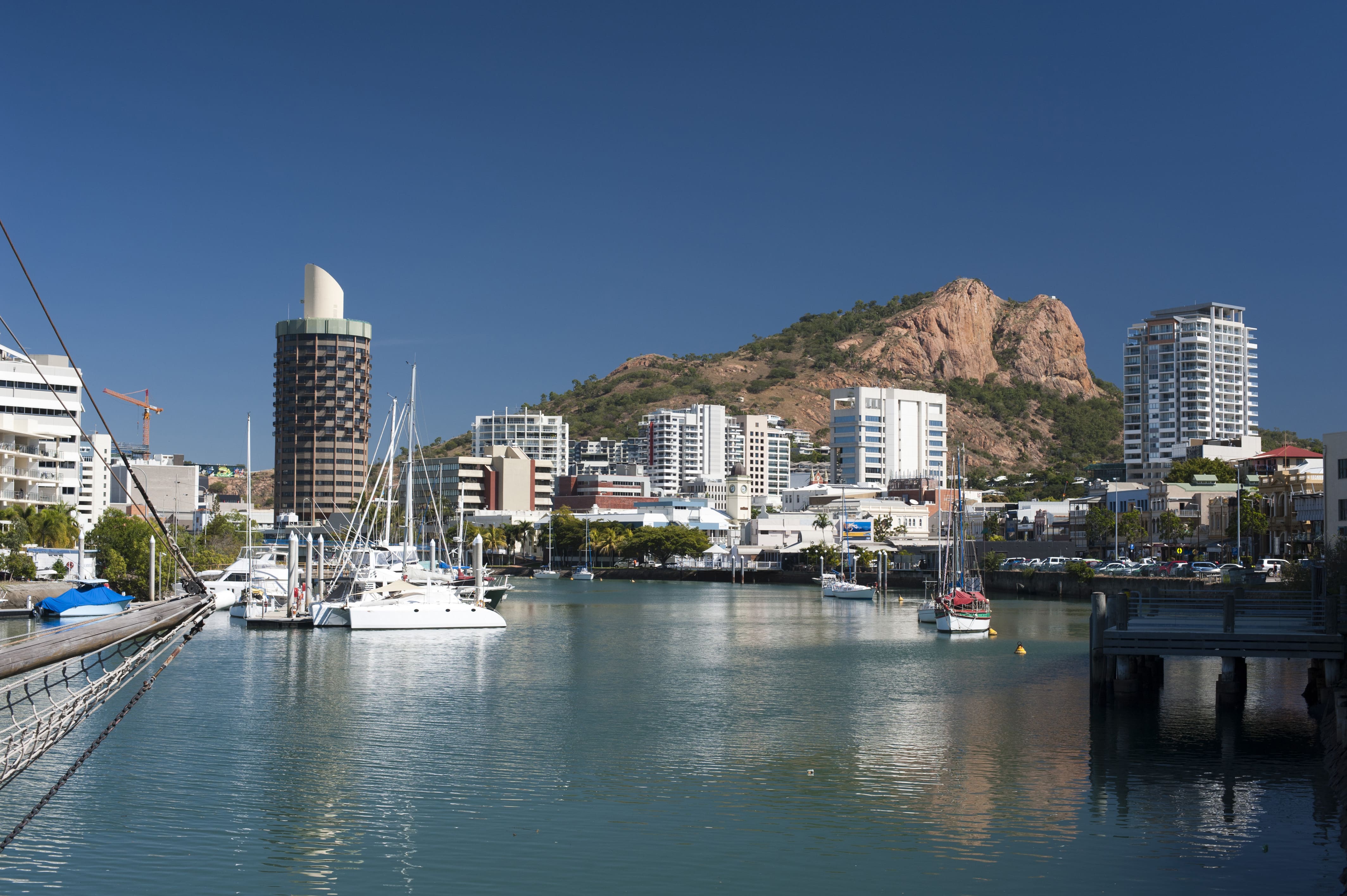 Townsville city from Ross Creek with Sugar Shaker and Castle Hill in the background