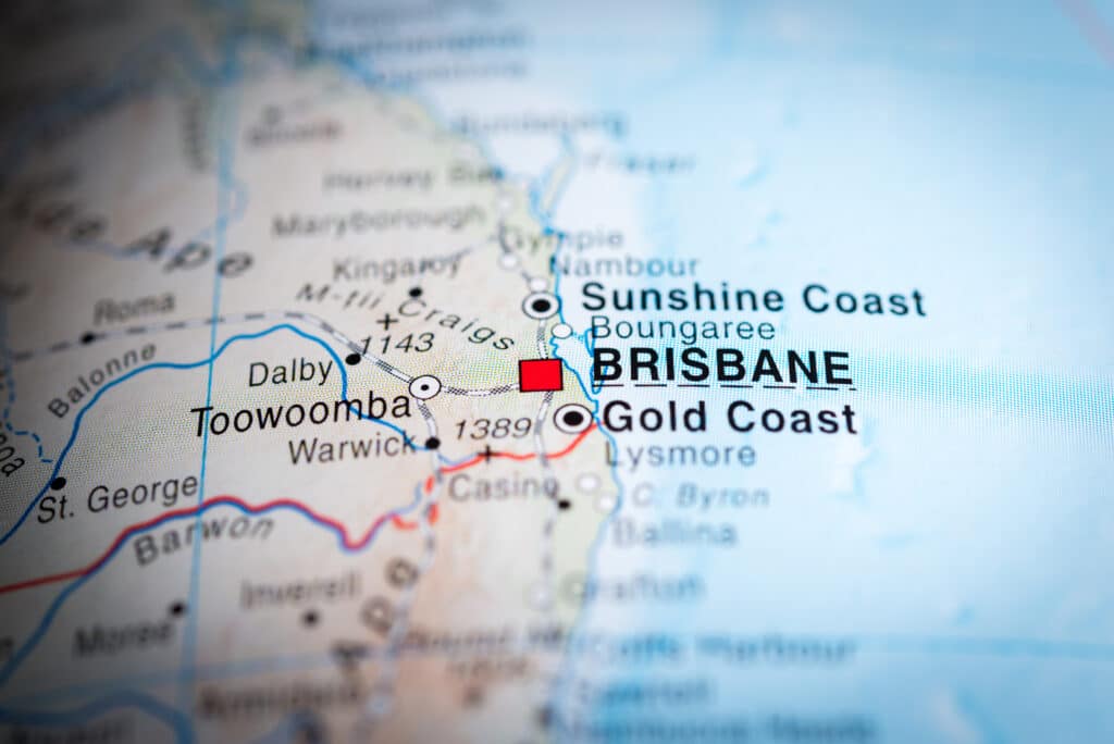Map section of south east queensland identifying Brisbane and Gold Coast